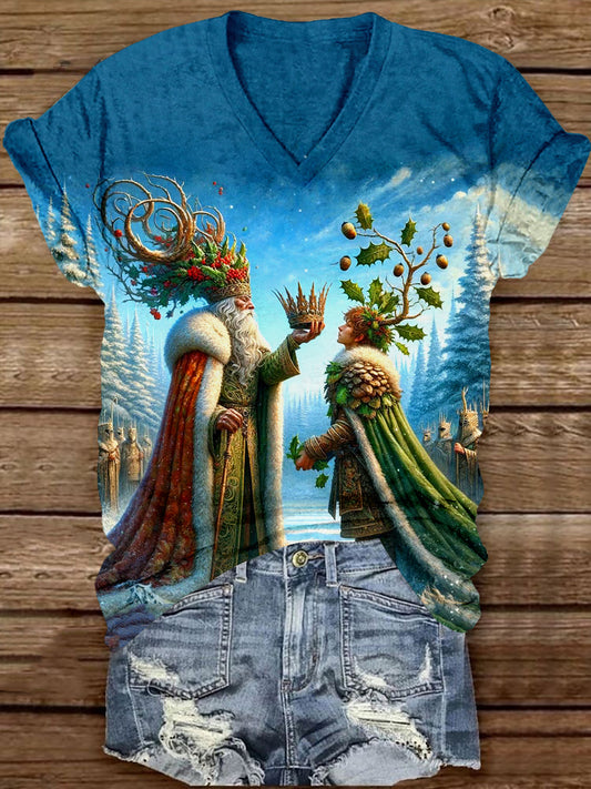 Winter King Christmas Coronation Art Print Unisex V Neck Short Sleeve Casual T-Shirt