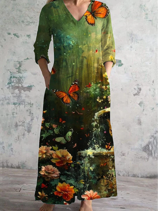 Butterfly Floral Art Print V-neck Long-Sleeved Casual Dress