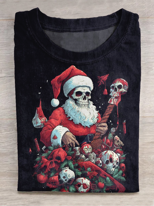 Christmas Art Print Round Neck Short Sleeve Casual T-Shirt