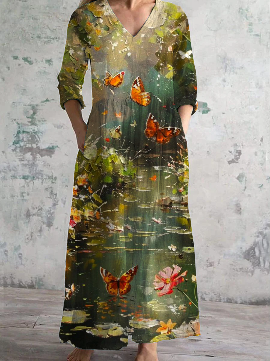 Butterfly Floral Art Print V-neck Long-Sleeved Casual Dress