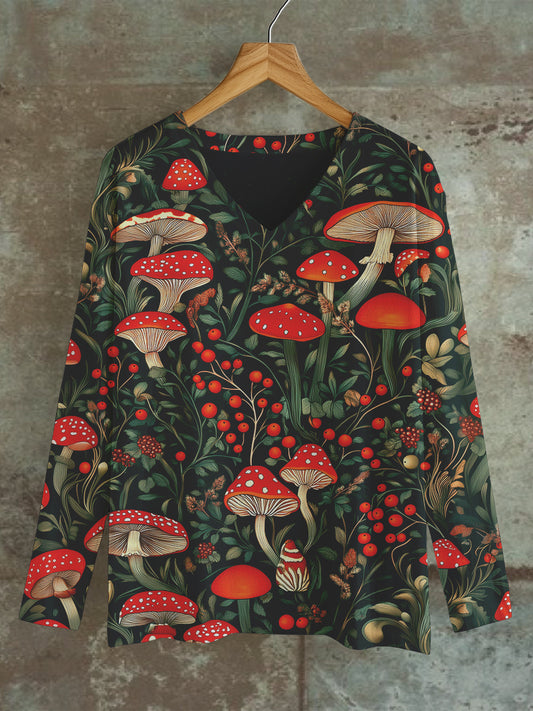 Red Mushroom Plant Art Print Unisex V-Neck Long Sleeve Casual T-Shirt