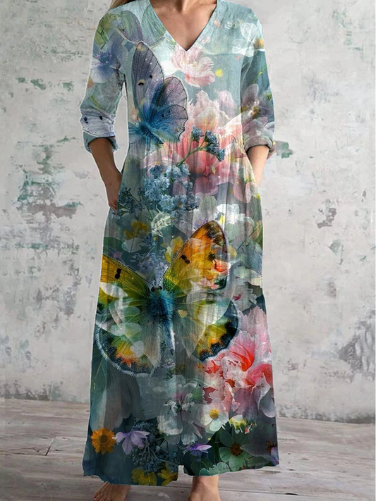 Butterfly Floral Art Print V-neck Long-Sleeved Casual Dress