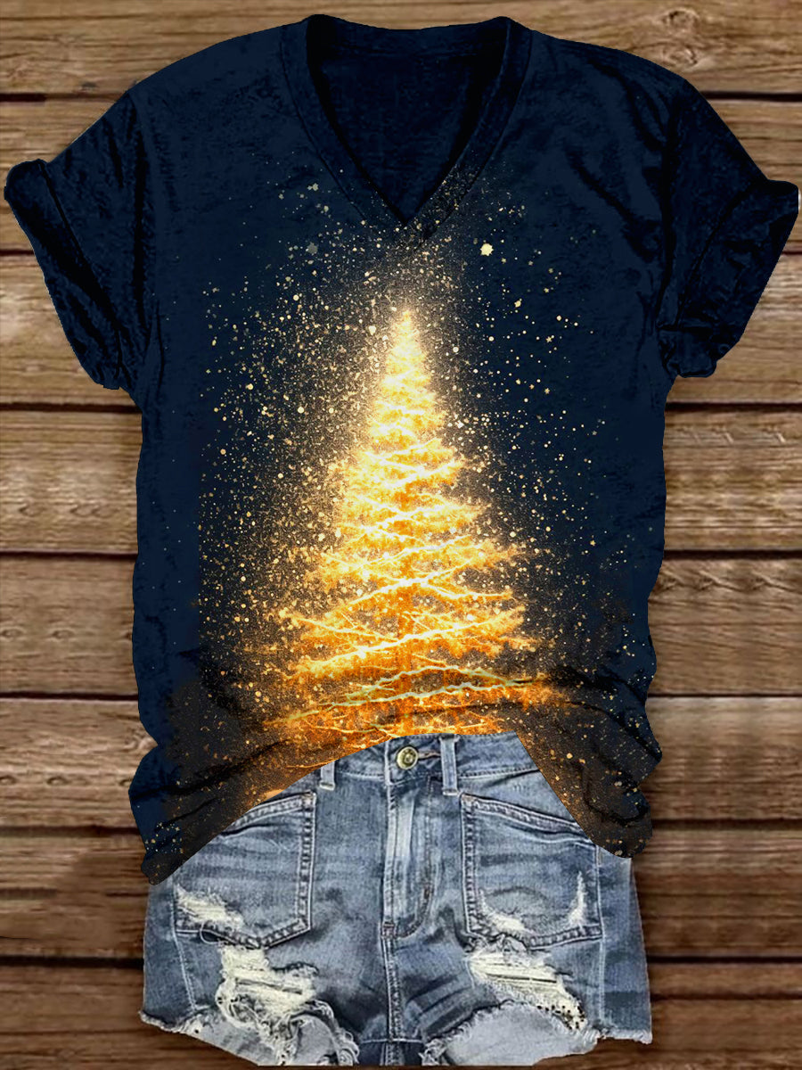 Christmas Tree Art Print Unisex V-Neck Short Sleeve Casual T-Shirt