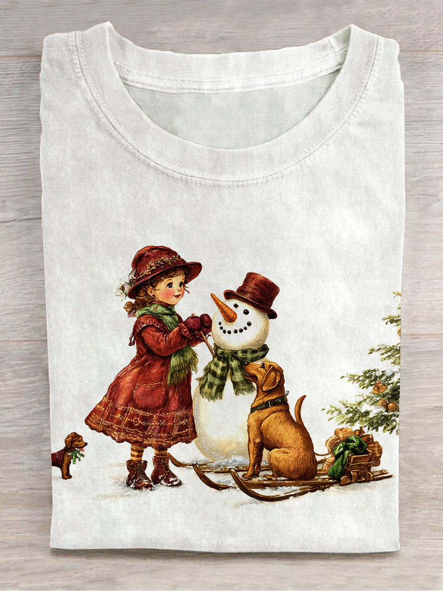 Christmas Art Print Round Neck Short Sleeve Casual T-Shirt