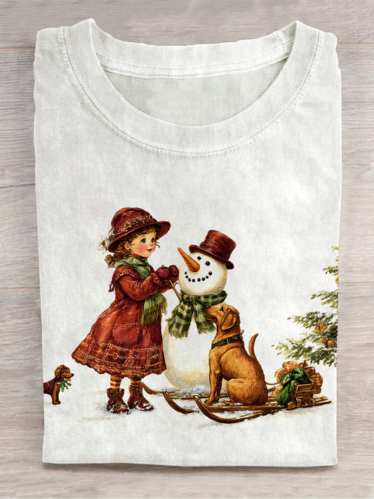 Christmas Art Print Round Neck Short Sleeve Casual T-Shirt