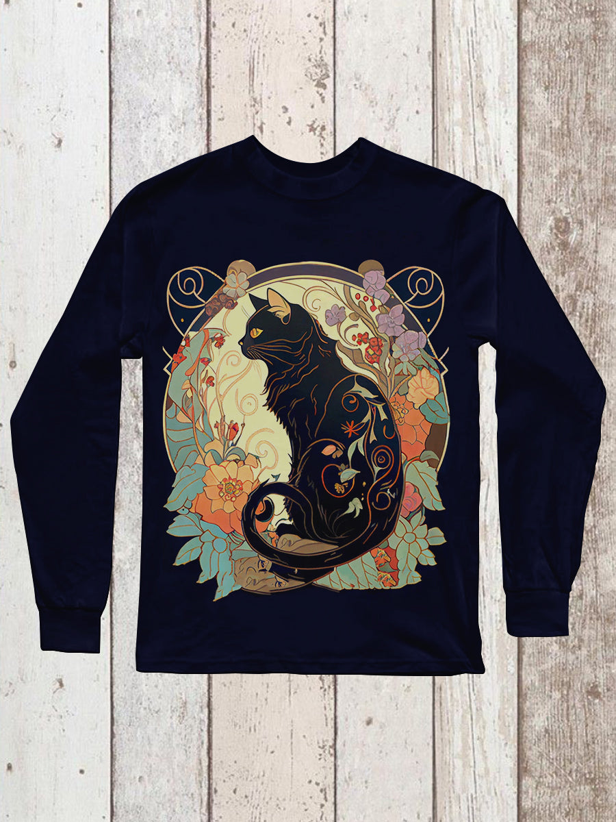 Black Cat Art Print Unisex Crew Neck Long Sleeve Casual T-Shirt