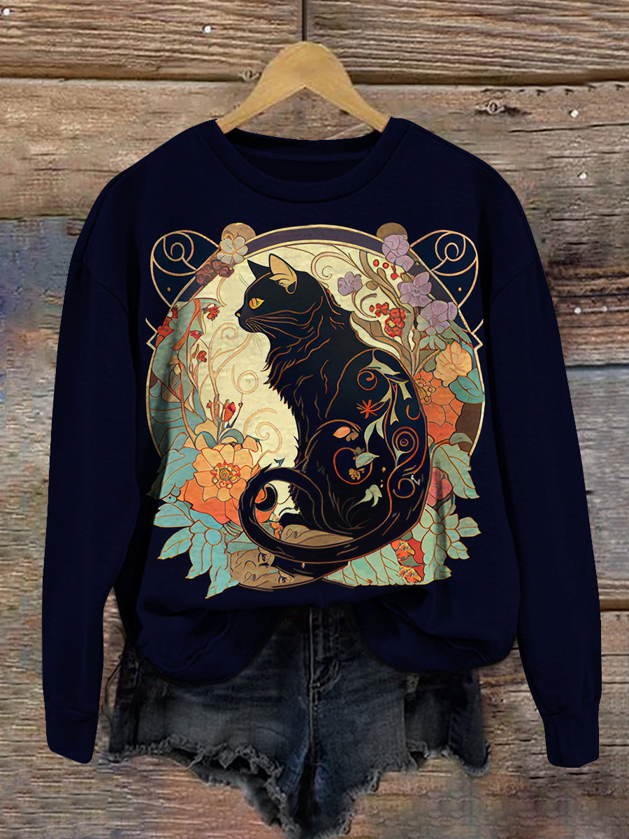 Black Cat Art Print Unisex Crew Neck Long Sleeve Casual Sweatshirt