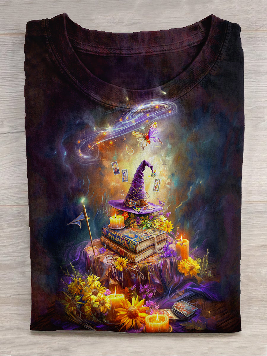 Witch Magic Book Tarot Card Art Print Unisex Round Neck Short Sleeve Casual T-shirt