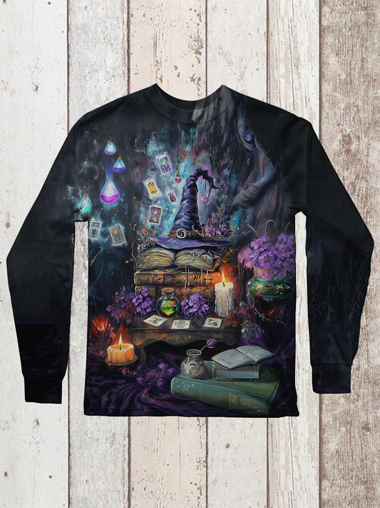 Witch Magic Book Tarot Card Art Print Unisex Round Neck Long Sleeve Casual T-Shirt