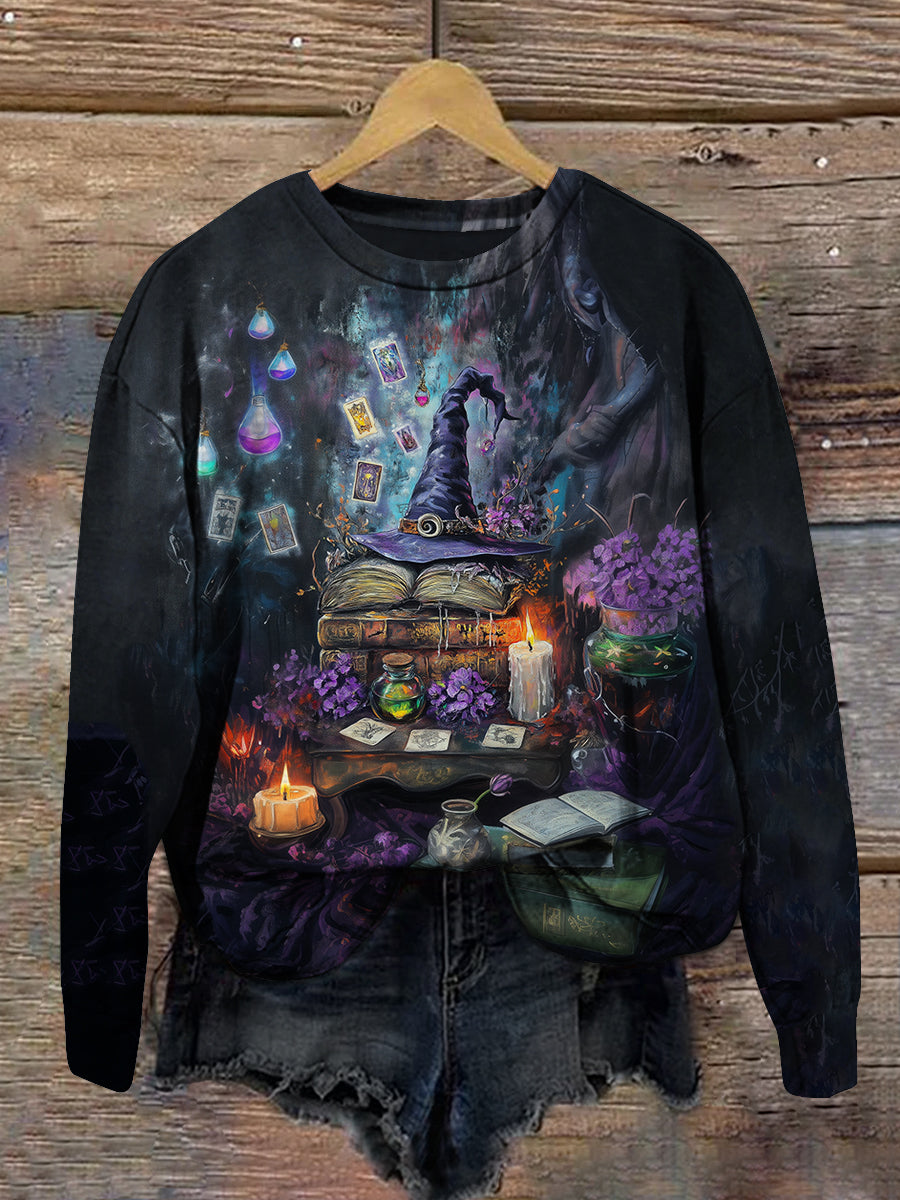 Witch Magic Book Tarot Card Art Print Unisex Round Neck Long Sleeve Casual Sweatshirt