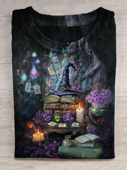 Witch Magic Book Tarot Card Art Print Unisex Round Neck Short Sleeve Casual T-shirt