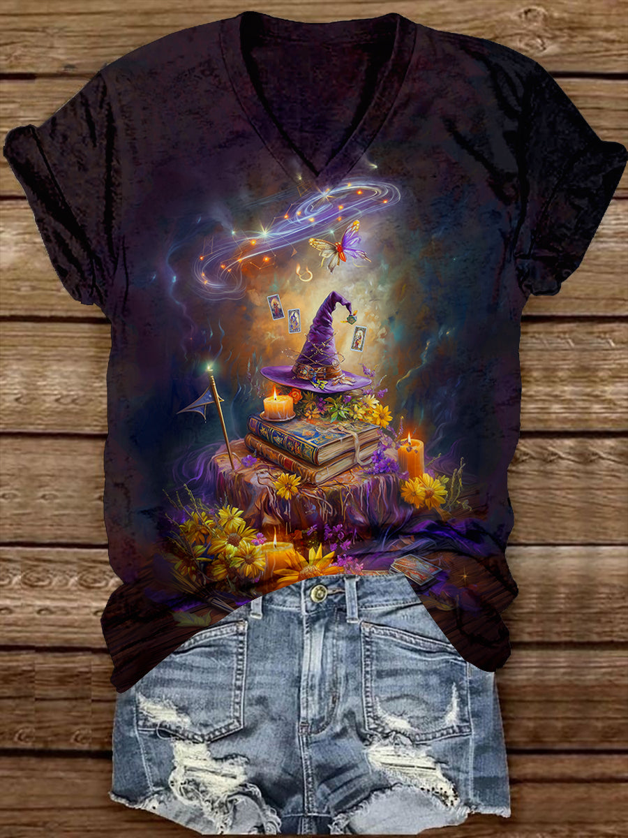 Witch Magic Book Tarot Card Art Print Unisex V-neck Short Sleeve Casual T-shirt