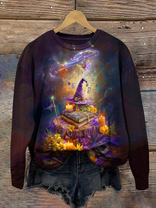 Witch Magic Book Tarot Card Art Print Unisex Round Neck Long Sleeve Casual Sweatshirt