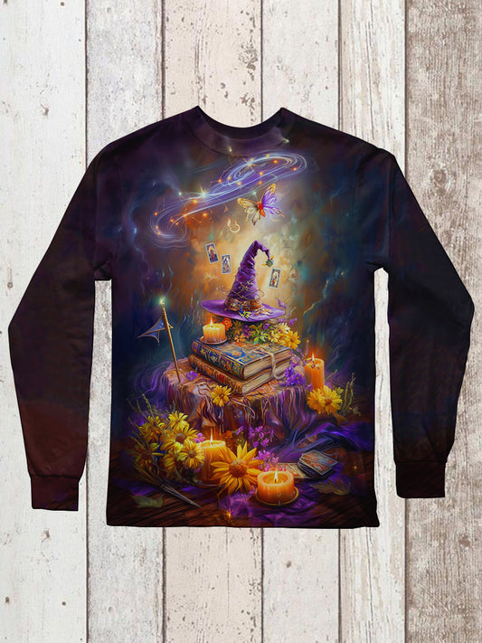 Witch Magic Book Tarot Card Art Print Unisex Round Neck Long Sleeve Casual T-Shirt