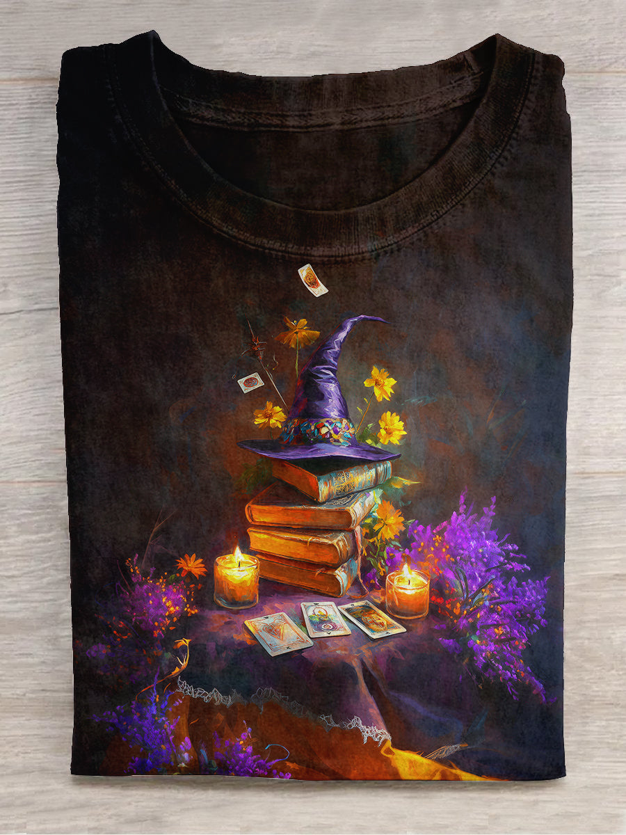 Witch Magic Book Tarot Card Art Print Unisex Round Neck Short Sleeve Casual T-shirt