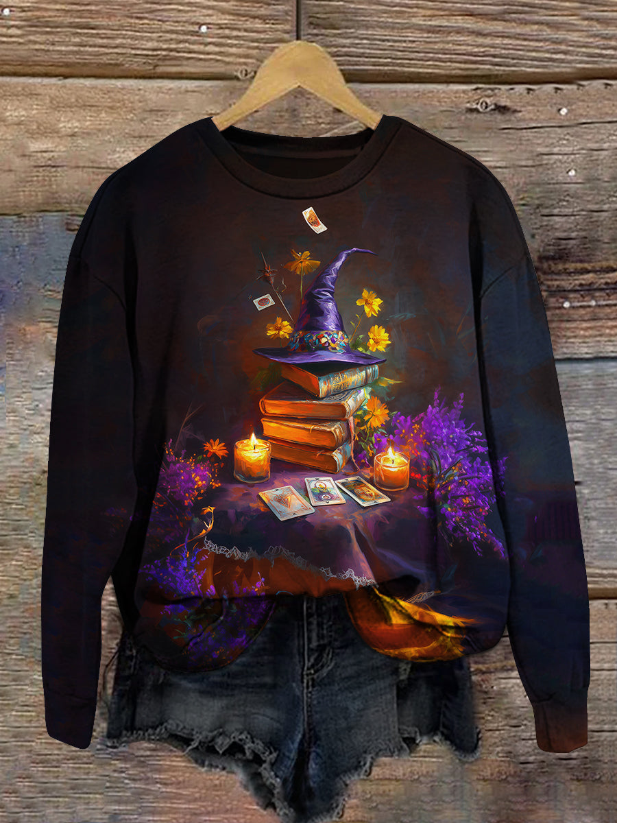 Witch Magic Book Tarot Card Art Print Unisex Round Neck Long Sleeve Casual Sweatshirt