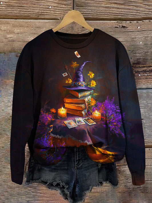 Witch Magic Book Tarot Card Art Print Unisex Round Neck Long Sleeve Casual Sweatshirt