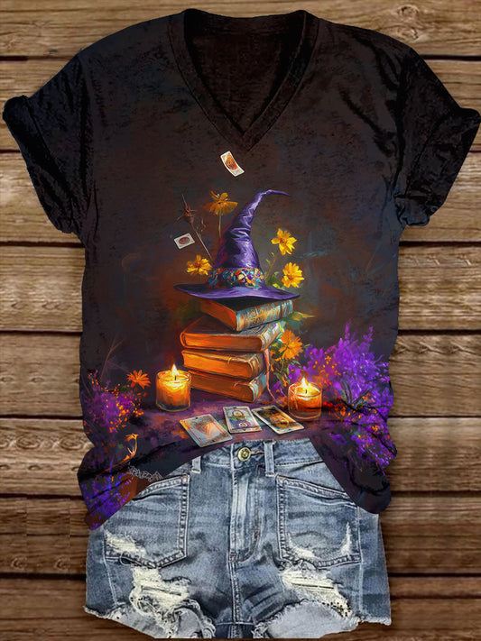 Witch Magic Book Tarot Card Art Print Unisex V-neck Short Sleeve Casual T-shirt