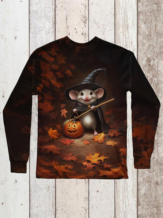 Wizard Mouse Art Print Unisex Crew Neck Long Sleeve Casual T-Shirt