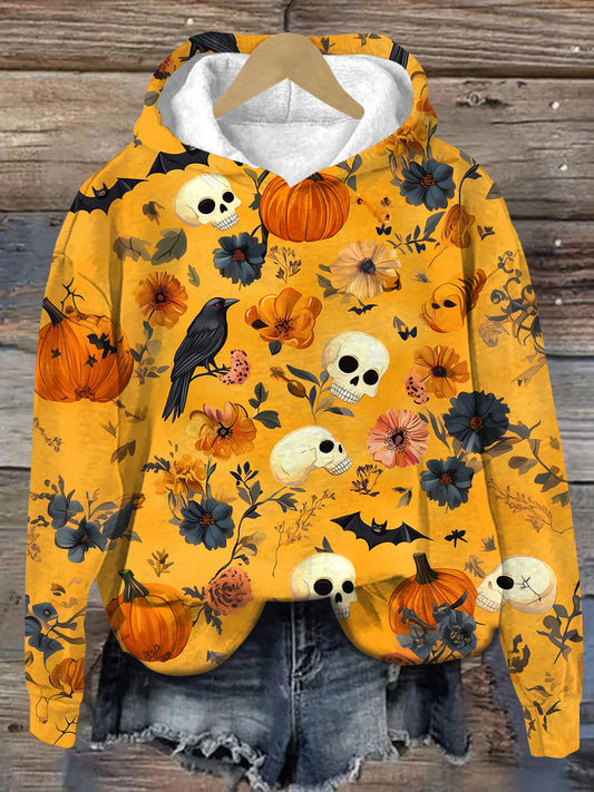 Raven Skull Halloween Art Print Unisex Long Sleeve Casual Hooded Sweatshirt