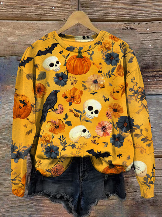 Raven Skull Halloween Art Print Unisex Crew Neck Long Sleeve Casual Sweatshirt