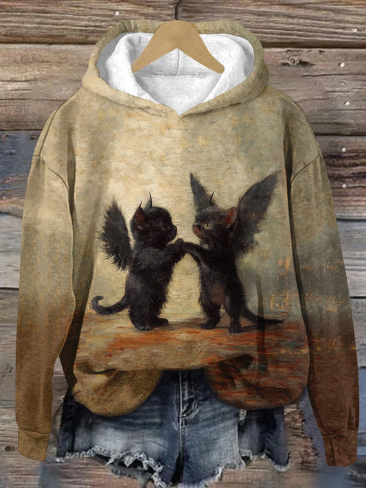 Black Cat Art Print Unisex Long Sleeve Casual Hooded Sweatshirt