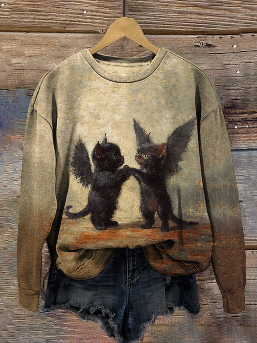 Black Cat Art Print Unisex Crew Neck Long Sleeve Casual Sweatshirt