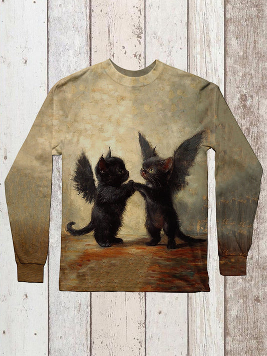 Black Cat Art Printed Crew Neck Casual Long T-shirt