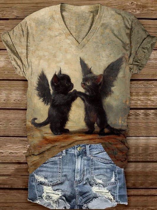 Black Cat Art Print Unisex V-Neck Short Sleeve Casual T-Shirt