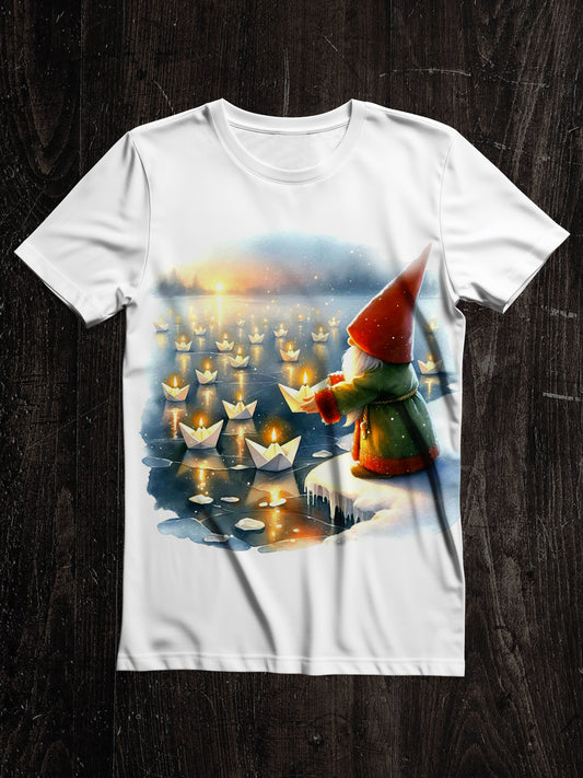 Christmas Gnome Art Print Unisex Crew Neck Short Sleeve Casual T-Shirt