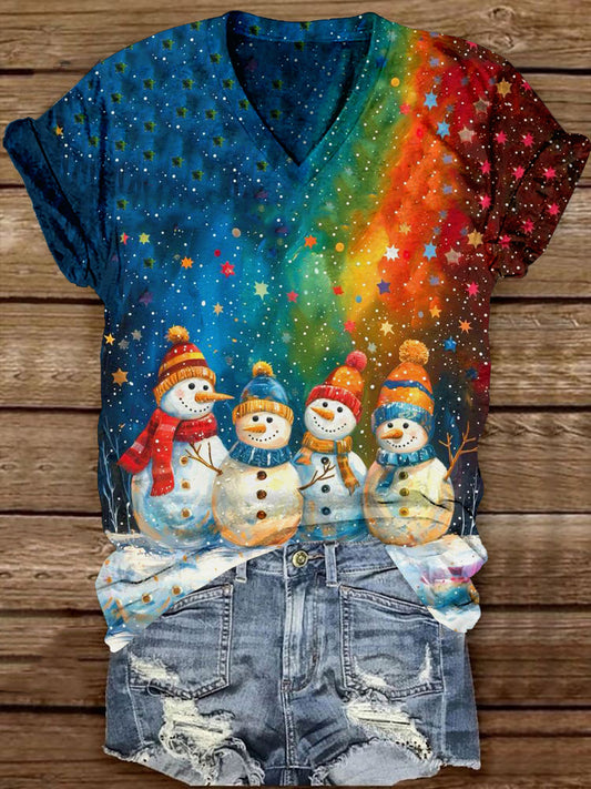 Snowman Christmas Art Print Unisex V-neck Short Sleeve Casual T-shirt