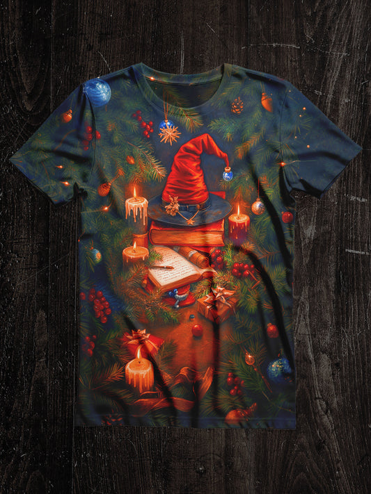 Witch Magic Book Christmas Tree Christmas Art Print Unisex Round Neck Short Sleeve Casual T-Shirt