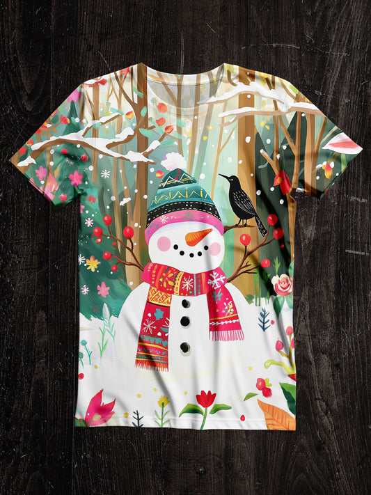 Snowman Christmas Art Print Unisex Round Neck Short Sleeve Casual T-Shirt