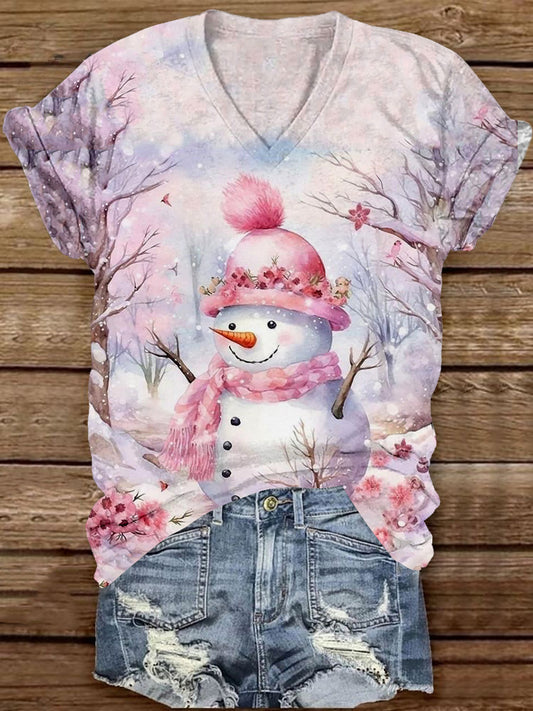 Snowman Christmas Art Print Unisex V-neck Short Sleeve Casual T-shirt