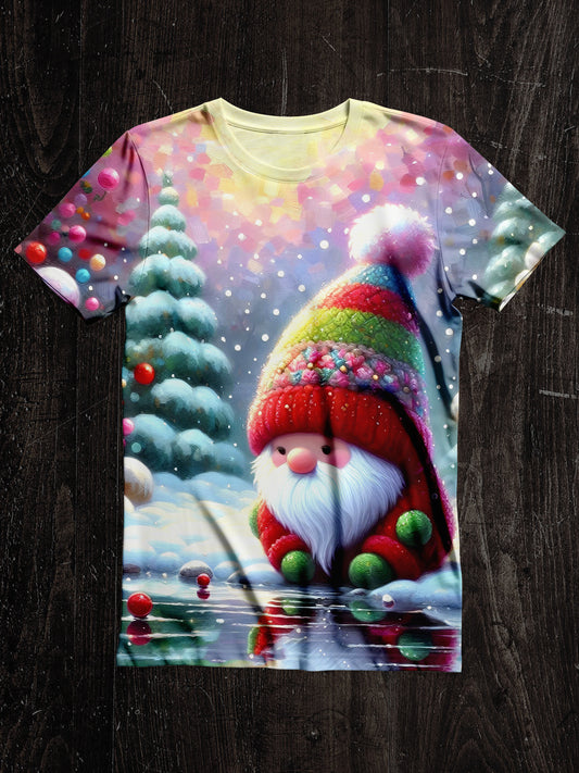 Christmas Gnome Art Print Unisex Crew Neck Short Sleeve Casual T-Shirt