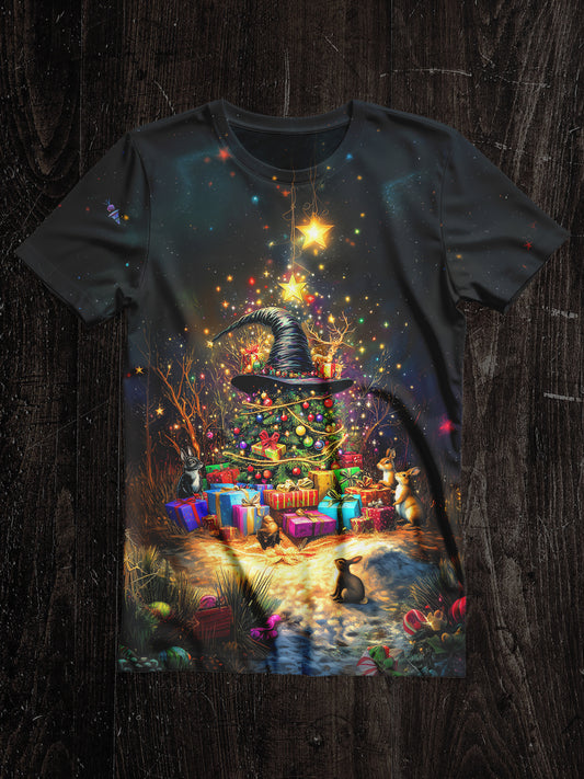 Witch Magic Book Christmas Tree Christmas Art Print Unisex Round Neck Short Sleeve Casual T-Shirt