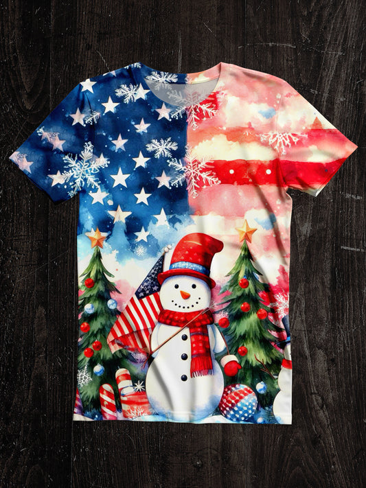 Snowman Christmas Art Print Unisex Round Neck Short Sleeve Casual T-Shirt