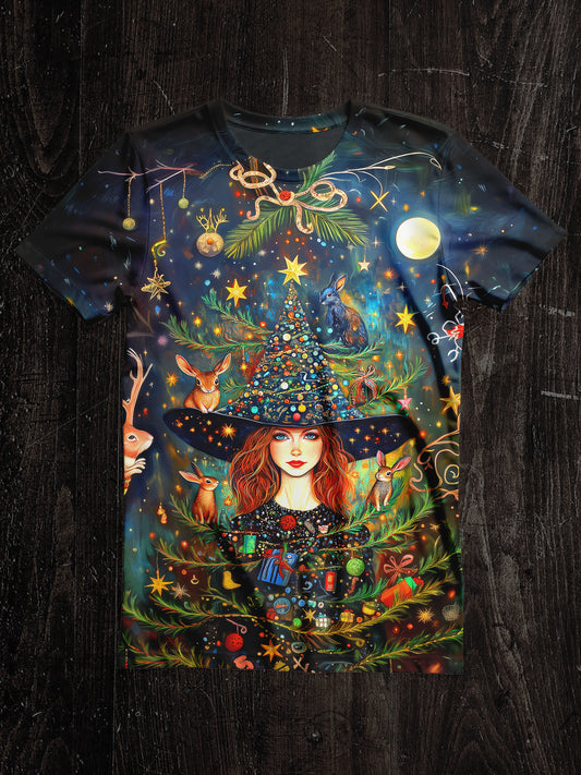 Witch Christmas Tree Christmas Art Print Unisex Round Neck Short Sleeve Casual T-Shirt