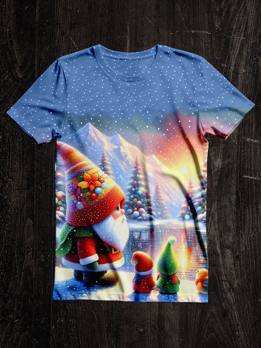 Christmas Gnome Art Print Unisex Crew Neck Short Sleeve Casual T-Shirt