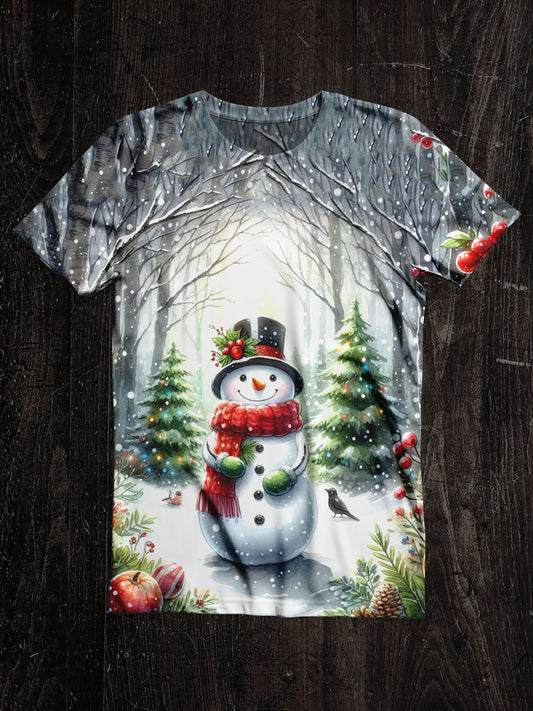 Snowman Christmas Art Print Unisex Round Neck Short Sleeve Casual T-Shirt