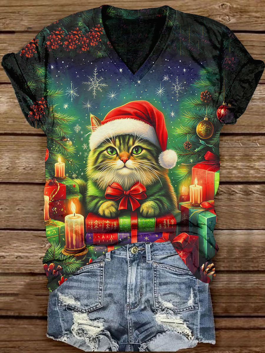 Cat Christmas Gift Book Christmas Art Print Unisex Round Neck Short Sleeve Casual T-Shirt