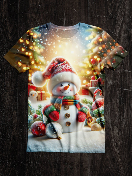 Snowman Christmas Art Print Unisex Round Neck Short Sleeve Casual T-Shirt