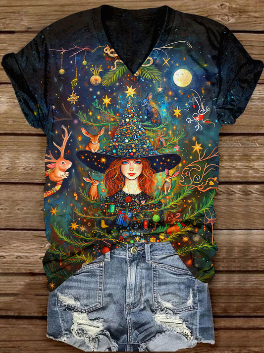 Witch Christmas Art Print Unisex V-Neck Short Sleeve Casual T-Shirt