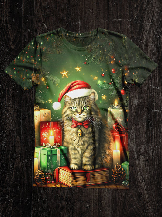 Cat Book Christmas Art Print Unisex Round Neck Short Sleeve Casual T-Shirt