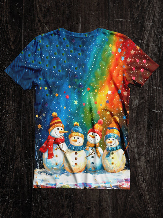 Snowman Christmas Art Print Unisex Round Neck Short Sleeve Casual T-Shirt