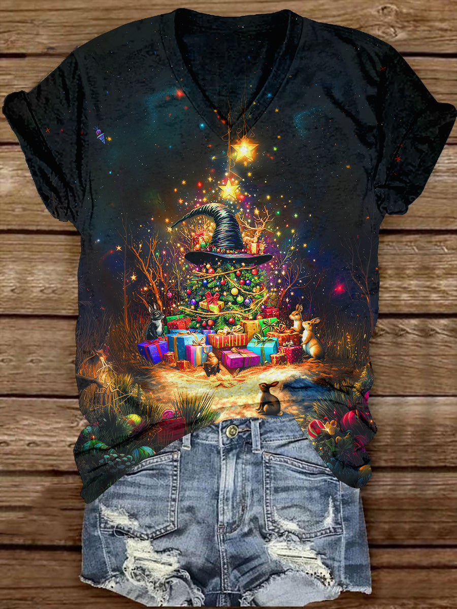 Witch Christmas Art Print Unisex V-Neck Short Sleeve Casual T-Shirt