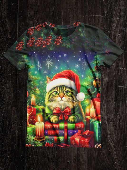 Cat Book Christmas Art Print Unisex Round Neck Short Sleeve Casual T-Shirt