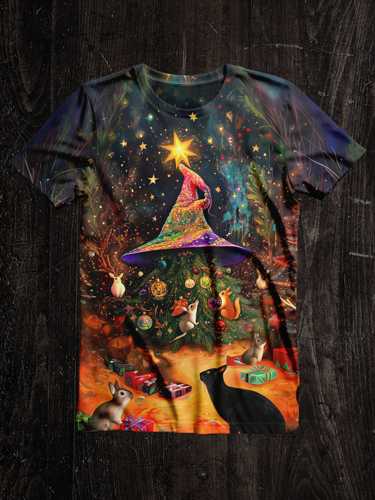 Witch Christmas Tree Christmas Art Print Unisex Round Neck Short Sleeve Casual T-Shirt