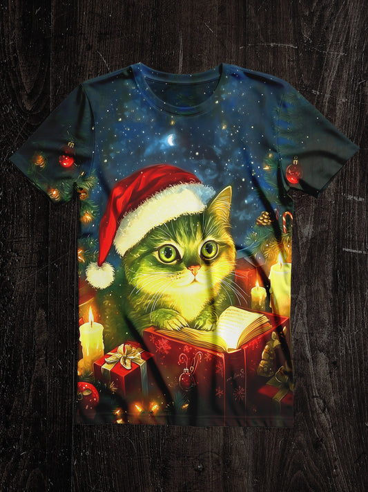 Cat Book Christmas Art Print Unisex Round Neck Short Sleeve Casual T-Shirt