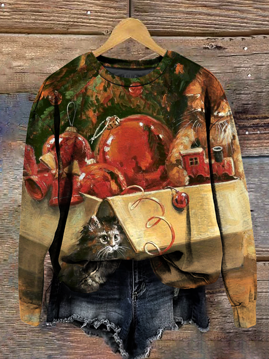 Christmas Cat Art Print Round Neck Long Sleeve Casual Sweatshirt